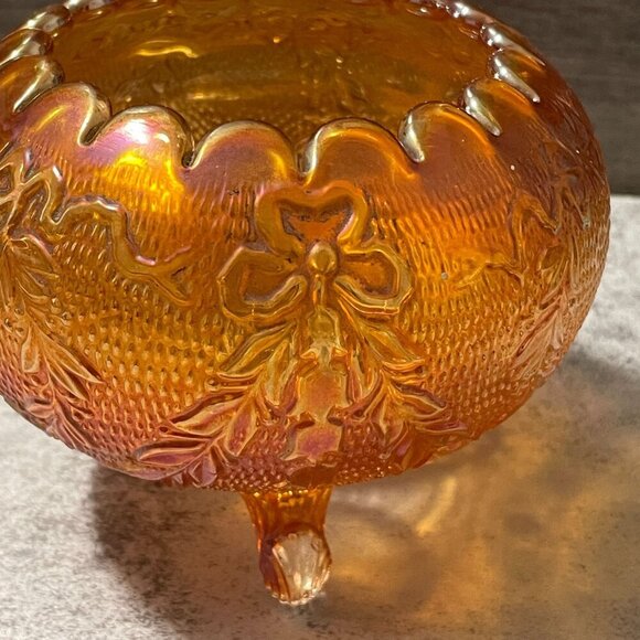 Vintage Fenton Garland and Bows Iridescent Carnival Marigold 4.5" Foot Bowl Vase - Picture 2 of 5